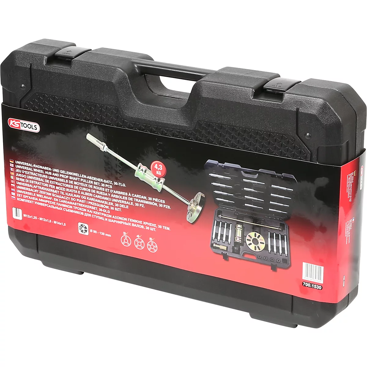 Schwarzer Werkzeugkoffer, Aufdruck mit technischen Daten und Werkzeug-Sets. Im geöffneten Zustand sichtbar.